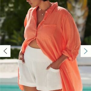 Anthropologie The Kaveri Smocked Shorts Sz XL White Coastal Beachy Cotton Pocket